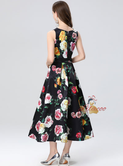 Retro Slim Waist Sleeveless Printed Dress