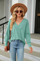 V-neck Loose Long Sleeve Button T-shirt