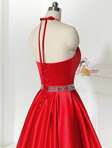 Red Satin Halter Beading Homecoming Dress