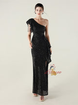 Mermaid One Shoulder Sequins Split Beading Prom Dress