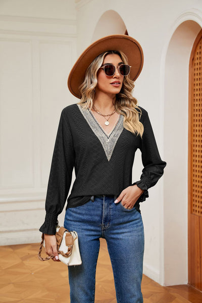 V-neck Stitching Long Sleeve T-shirt