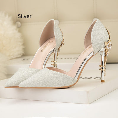 Metal Flower Stiletto-pointed Shiny Shoes