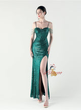 Mermaid Sequins Spaghetti Straps Pleats Beading Prom Dress