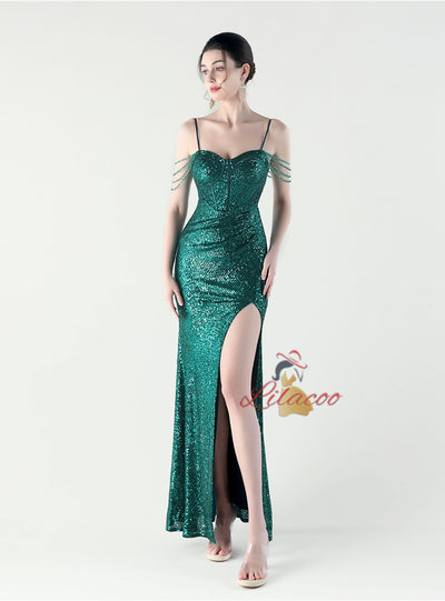 Mermaid Sequins Spaghetti Straps Pleats Beading Prom Dress