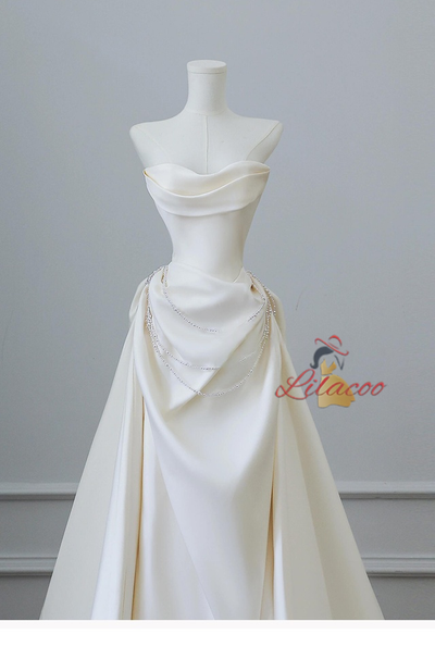 Ivory Satin Off the Shoulder Pleats Wedding Dress