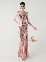 Mermaid Sequins Spaghetti Straps Split Beading Prom Dress