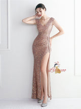 Mermaid Sequins V-neck Cap Sleeve Beading Prom Dress