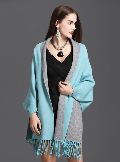 Large Size Fringed Knitted Double Cardigan Shawl