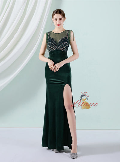 Mermaid Velvet Beading Split Prom Dress