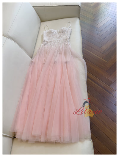 Pink Tulle Lace Straps Prom Dress