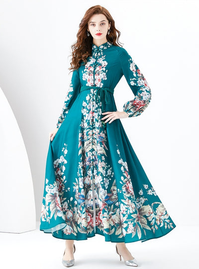 Retro Long-sleeved Stand-up Collar Printed Dress