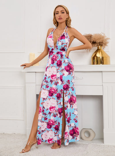 Sexy Deep V-neck Slit Printed Long Dress
