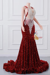 Burgundy Mermaid Sequins Lace Prom Dress