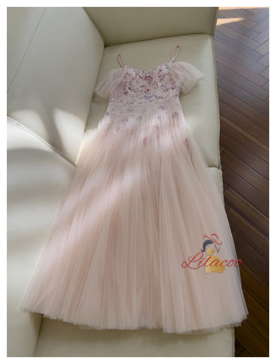 Pink Tulle Sequins Flower Prom Dress