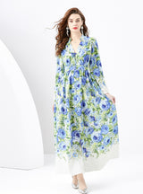 V-neck Lantern Sleeve Wavy Long Retro Print Dress