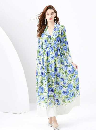 V-neck Lantern Sleeve Wavy Long Retro Print Dress