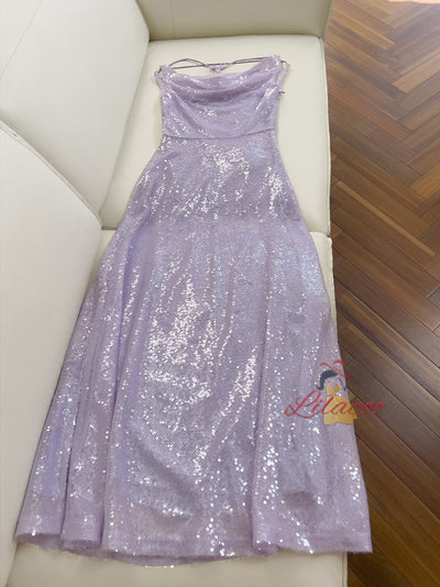 Purple Sequins Tulle Sleeveless Prom Dress