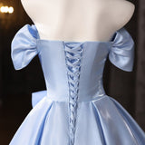 Blue Satin Flower Pleats Homecoming Dress