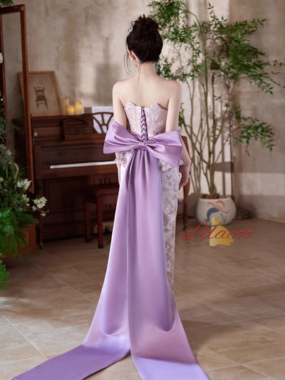 Purple Satin Strapless 3D Flower Prom Dress