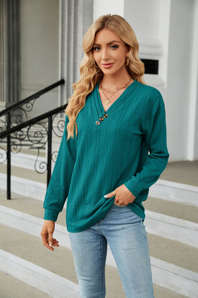 V-neck Button Loose Long Sleeve T-shirt
