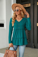 Solid Color V-neck Button Loose Long Sleeve T-shirt