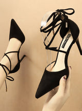 Suede Pointed Cross Strap Bow Stiletto Shoes