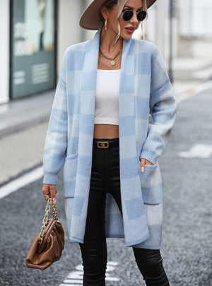 Loose Plaid Color Matching Sweater Coat