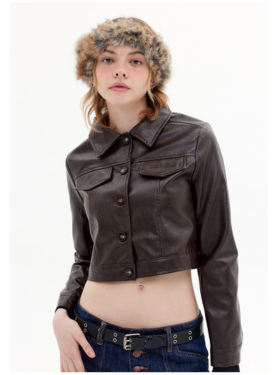 Pu Leather Short Lapel Jacket Coat
