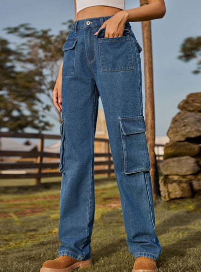 Washed Elastic Pocket Jeans Casual Pants