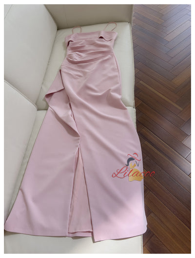 Pink Straps Pleats Prom Dress