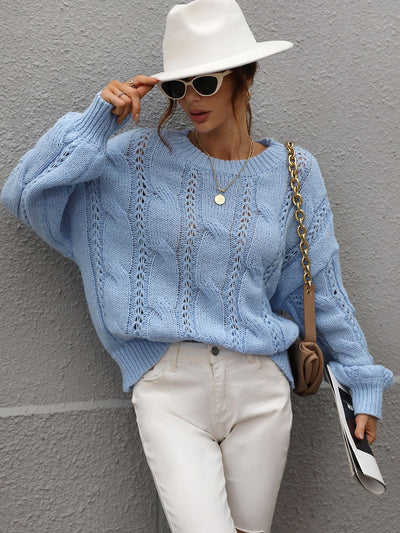 Twisted Rope Solid Color Loose Round Neck Sweater