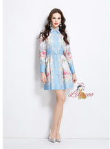 Retro Lapel Button Printed Dress