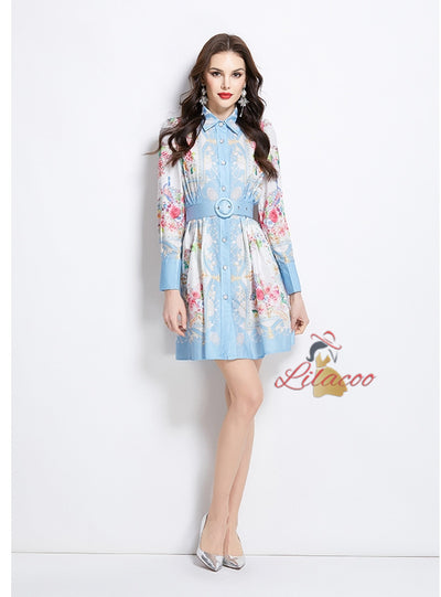 Retro Lapel Button Printed Dress