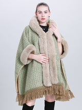 Plucked and Thickened Fur Collar Hooded Shawl