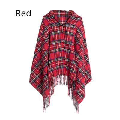 Checked Horn Buckle Hooded Shawl Cloak