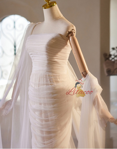White Mermaid Tulle Pleats Wedding Dress