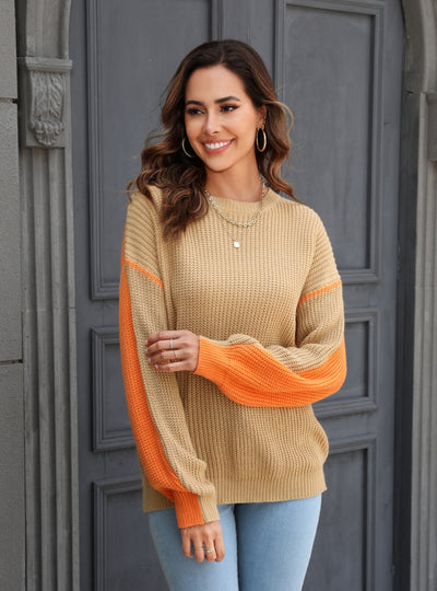 Casual Loose Round Neck Contrast Color Sweater