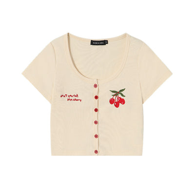 Embroidered Button Short T-shirt