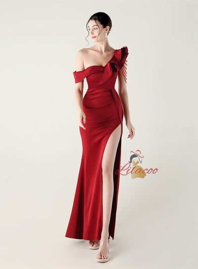 Mermaid One Shoulder Beading Split Prom Dress