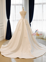 Simple White Satin Strapless Bow Wedding Dress