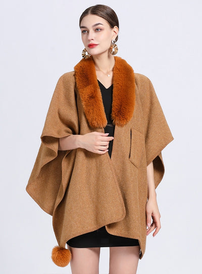Wool Collar Loose Knit Woolen Coat Cloak Shawl