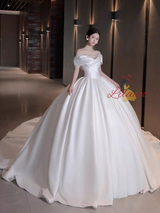 White Satin Off the Shoulder Wedding