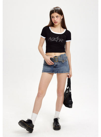 Short Letter Rhinestone Short Sleeve T-shirt