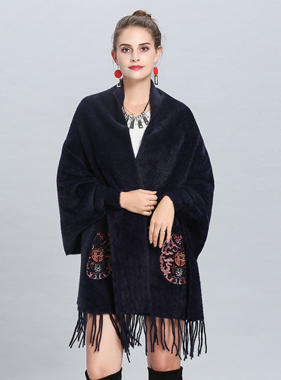 Embroidered Knitted Fringed Long Shawl