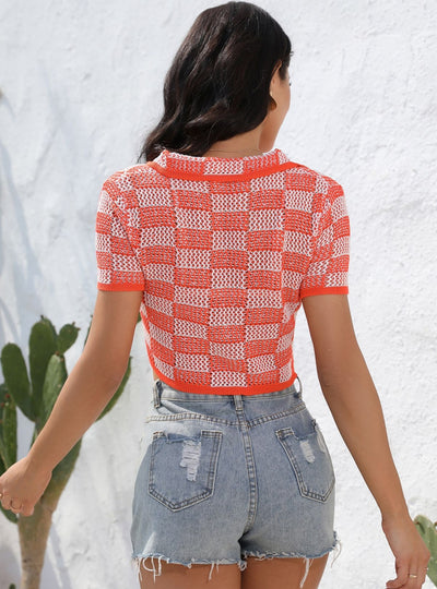 Short Button Checked Short Sleeve T-shirt