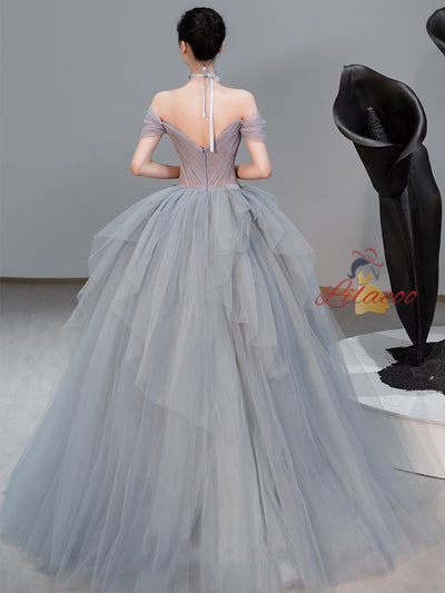 Gray Blue Tulle Pleats Flower Prom Dress