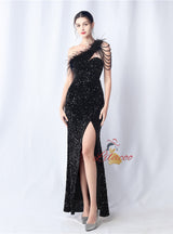 One Shoulder Sequins Split Prom Dress