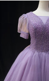 Purple Tulle Puff Sleeve Beading Homecoming Dress