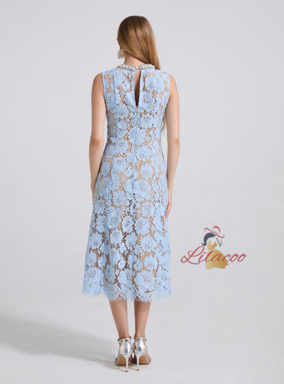 Heavy Industry Beaded Round Neck Lace Dress