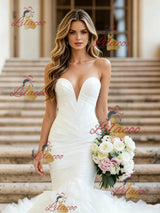 White Mermaid Tulle Strapless Pleats Wedding Dress